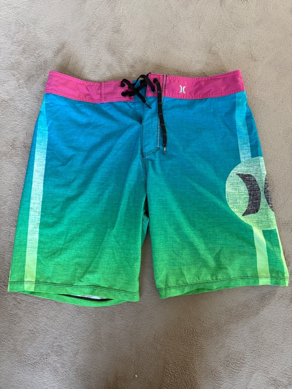Hurley Men’s Teal-to-Green Ombre Boardshorts with Pink Waistband
